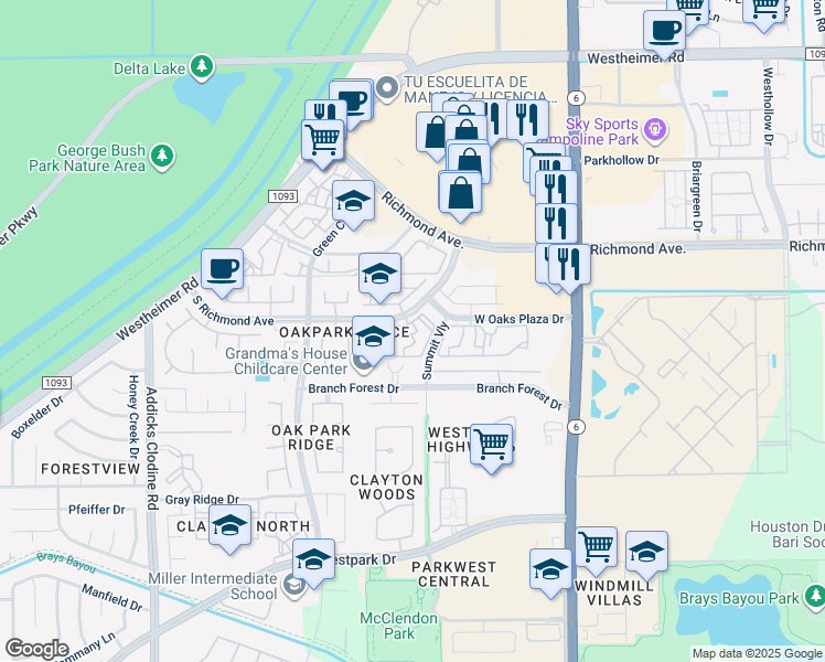map of restaurants, bars, coffee shops, grocery stores, and more near 14935 South Richmond Avenue in Houston