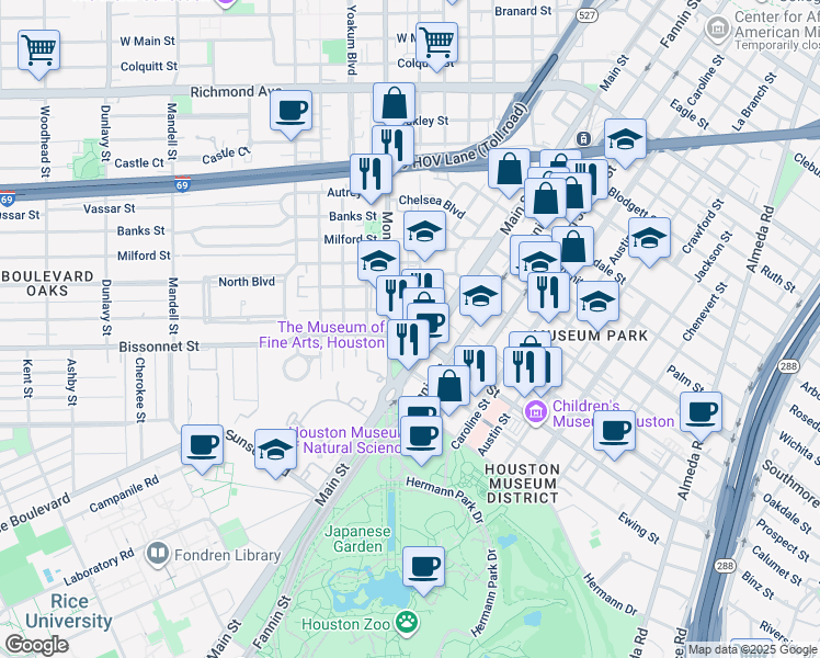 map of restaurants, bars, coffee shops, grocery stores, and more near 1001 Bissonnet Street in Houston