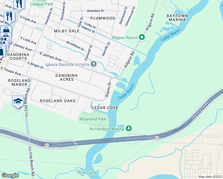 map of restaurants, bars, coffee shops, grocery stores, and more near 305 Bayou Drive in Baytown