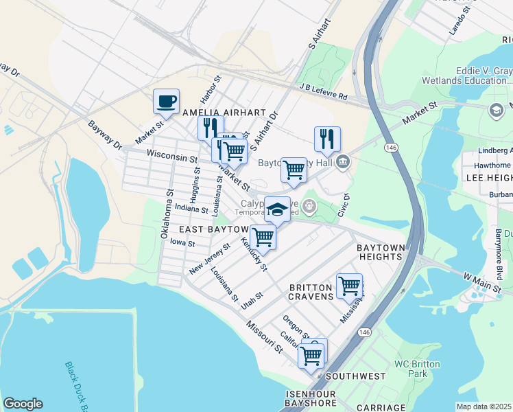 map of restaurants, bars, coffee shops, grocery stores, and more near 2700 Market Street in Baytown
