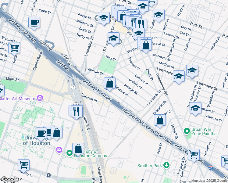 map of restaurants, bars, coffee shops, grocery stores, and more near 1402 Scharpe Street in Houston