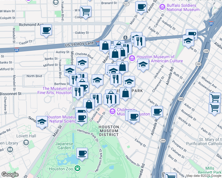 map of restaurants, bars, coffee shops, grocery stores, and more near 1220 Southmore Boulevard in Houston