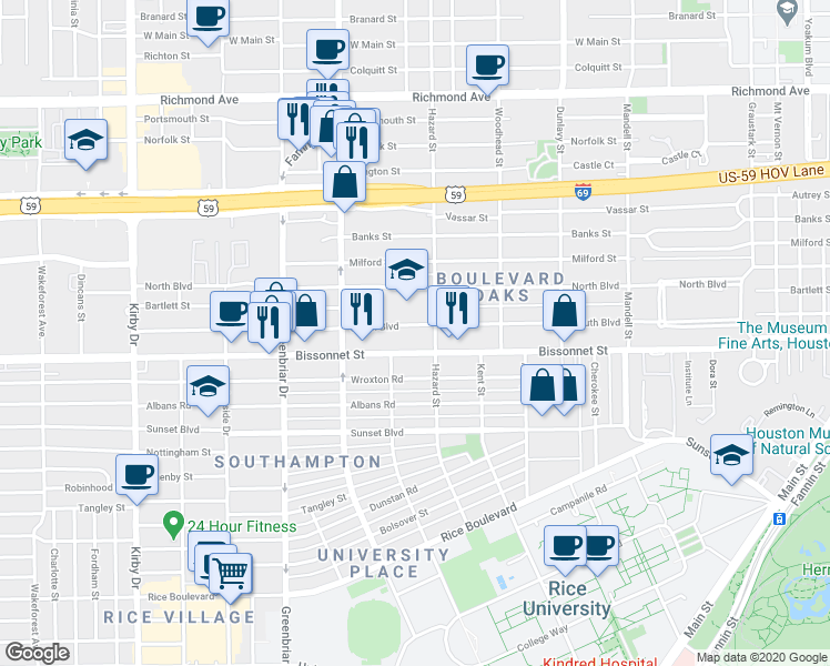 map of restaurants, bars, coffee shops, grocery stores, and more near 2020 South Boulevard in Houston