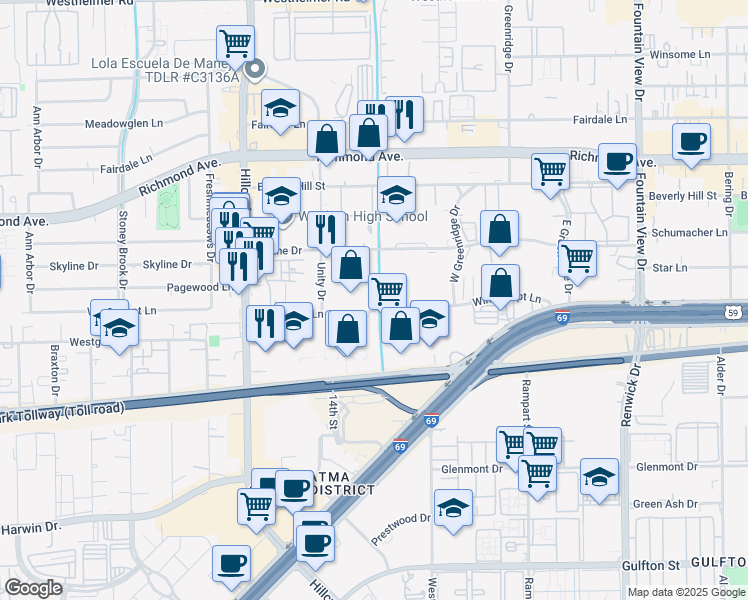 map of restaurants, bars, coffee shops, grocery stores, and more near 6353 Skyline Drive in Houston