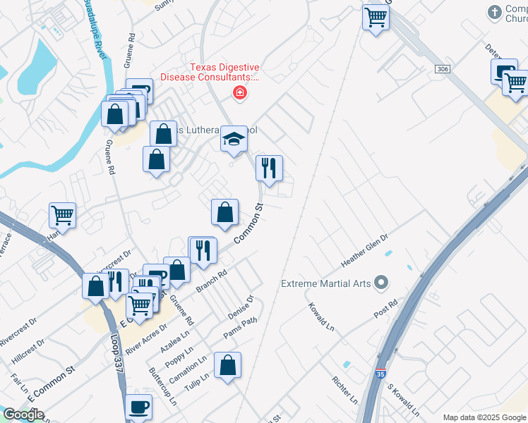 map of restaurants, bars, coffee shops, grocery stores, and more near 1787 East Common Street in New Braunfels