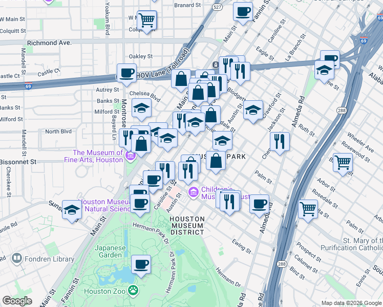 map of restaurants, bars, coffee shops, grocery stores, and more near 5282 Caroline Street in Houston
