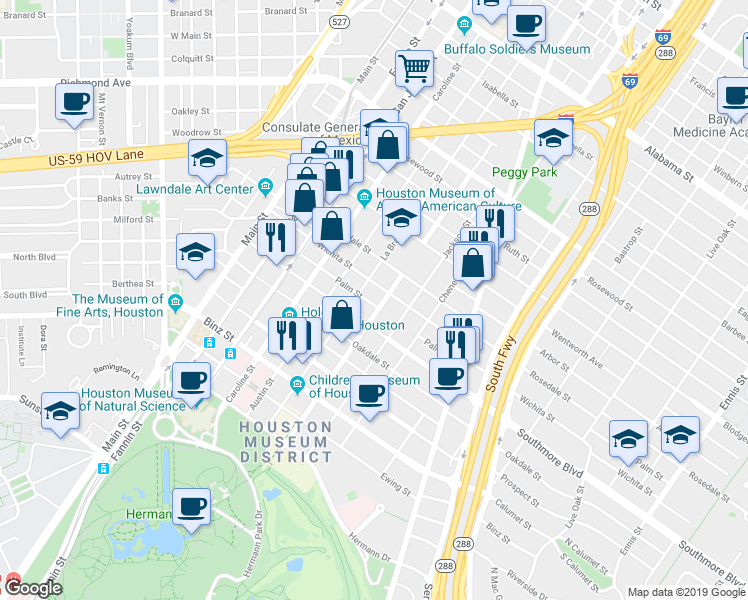 map of restaurants, bars, coffee shops, grocery stores, and more near 1519 Palm Street in Houston