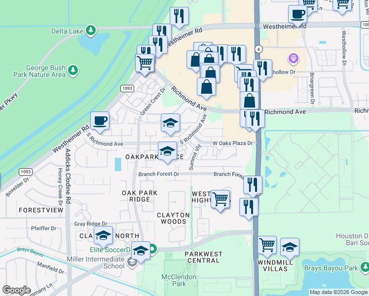 map of restaurants, bars, coffee shops, grocery stores, and more near 14723 West Oaks Plaza Drive in Houston