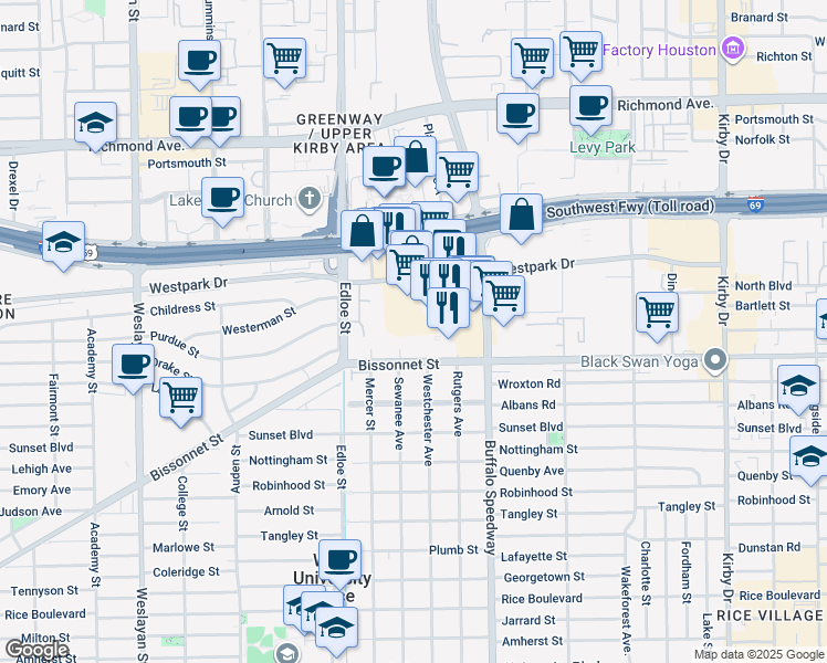 map of restaurants, bars, coffee shops, grocery stores, and more near 5156 Buffalo Speedway in Houston