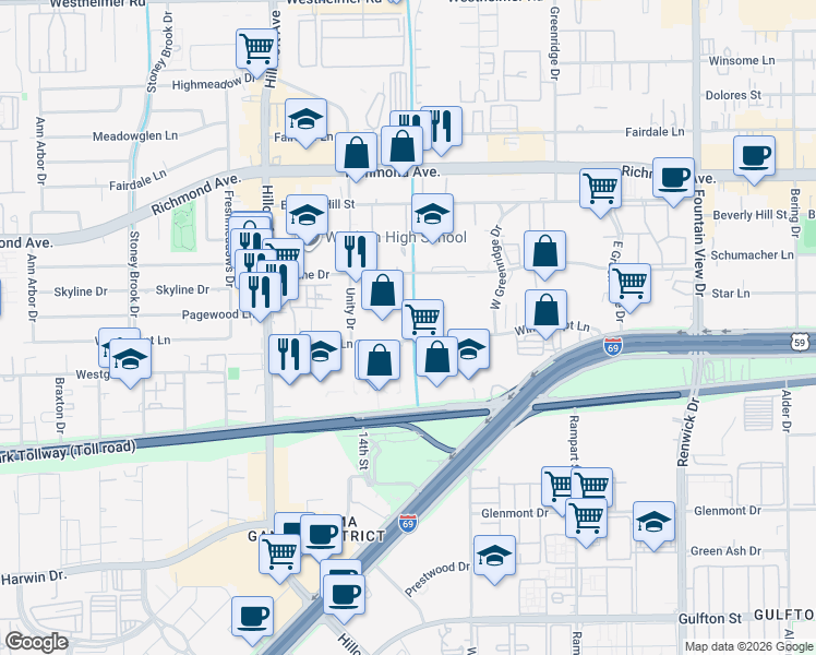 map of restaurants, bars, coffee shops, grocery stores, and more near 6353 Skyline Drive in Houston
