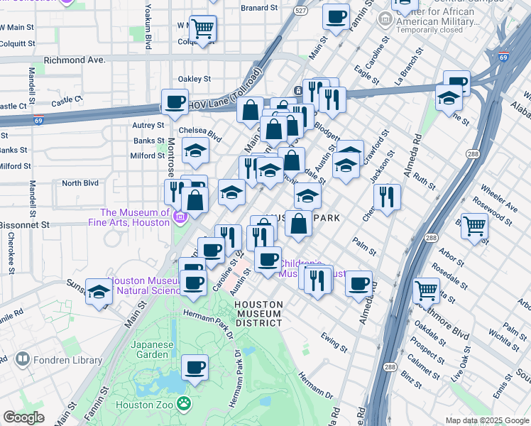 map of restaurants, bars, coffee shops, grocery stores, and more near 5276 Caroline Street in Houston