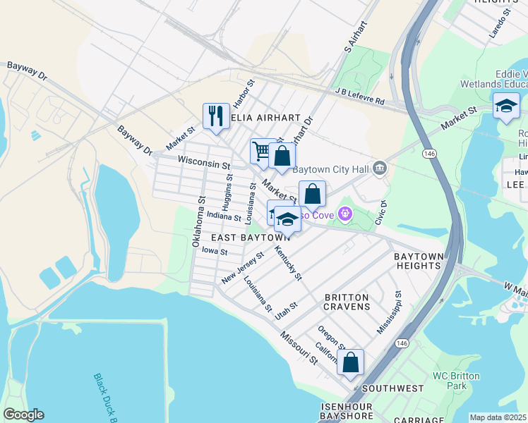 map of restaurants, bars, coffee shops, grocery stores, and more near 2703 West Main Street in Baytown