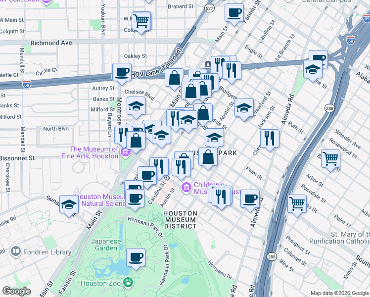 map of restaurants, bars, coffee shops, grocery stores, and more near 1220 Southmore Boulevard in Houston