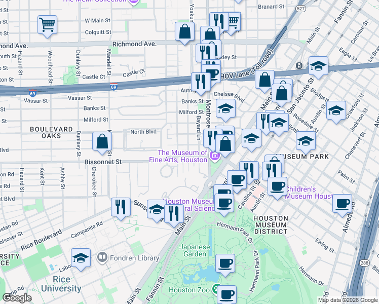 map of restaurants, bars, coffee shops, grocery stores, and more near 1104 Berthea Street in Houston