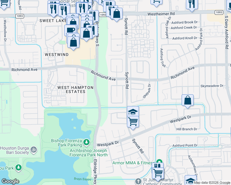 map of restaurants, bars, coffee shops, grocery stores, and more near 3002 Hazel Park Drive in Houston