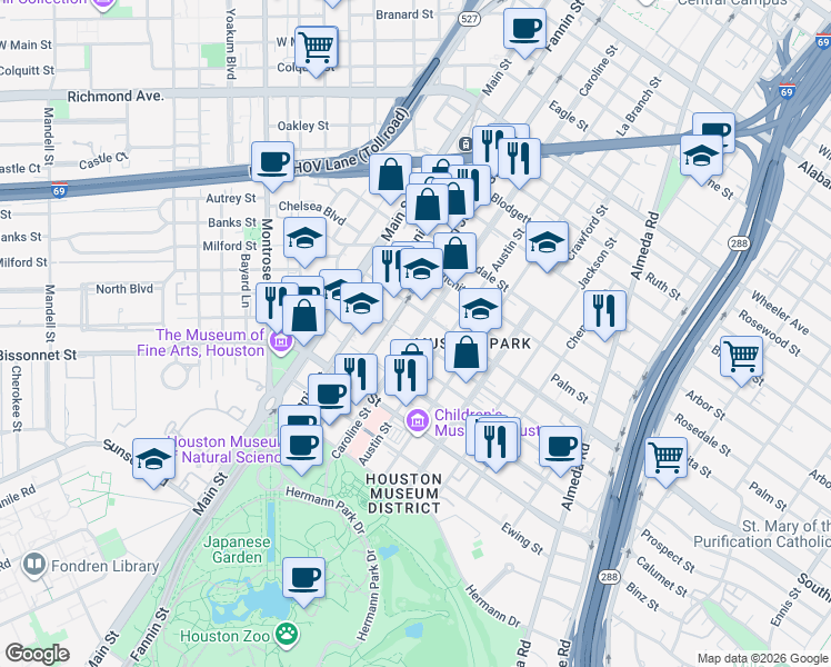 map of restaurants, bars, coffee shops, grocery stores, and more near 1220 Southmore Boulevard in Houston