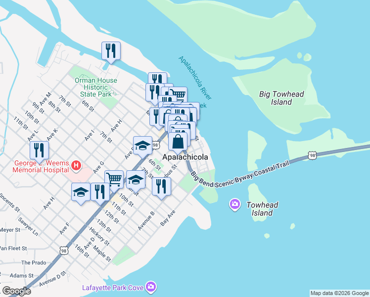 map of restaurants, bars, coffee shops, grocery stores, and more near 20 Avenue D in Apalachicola