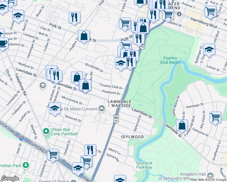 map of restaurants, bars, coffee shops, grocery stores, and more near 6519 Country Club Drive in Houston