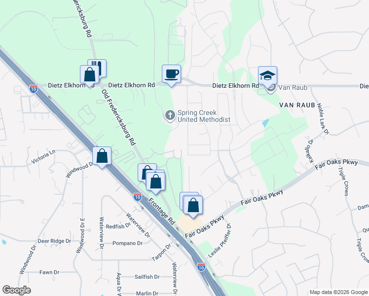 map of restaurants, bars, coffee shops, grocery stores, and more near 28807 Stevenson Gate in Boerne