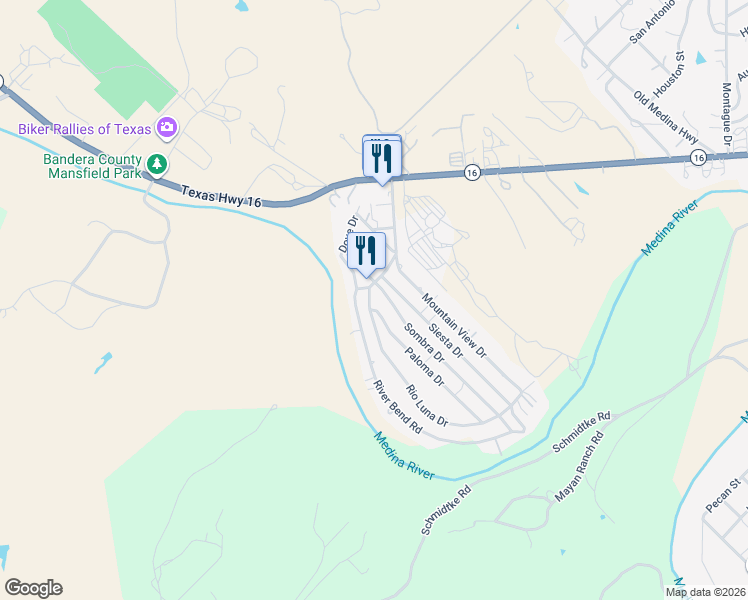 map of restaurants, bars, coffee shops, grocery stores, and more near 406 River Bend Road in Bandera