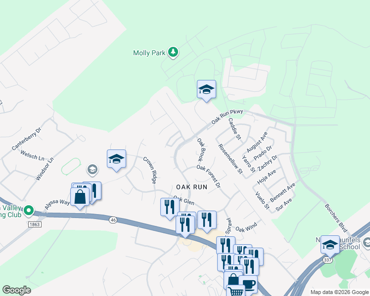 map of restaurants, bars, coffee shops, grocery stores, and more near 2340 Oak Run Parkway in New Braunfels
