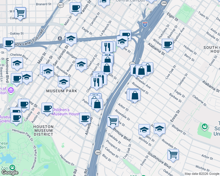 map of restaurants, bars, coffee shops, grocery stores, and more near 2004 Blodgett Street in Houston