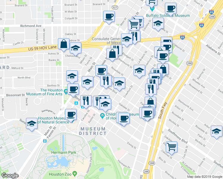 map of restaurants, bars, coffee shops, grocery stores, and more near Southmore Blvd & Austin St in Houston