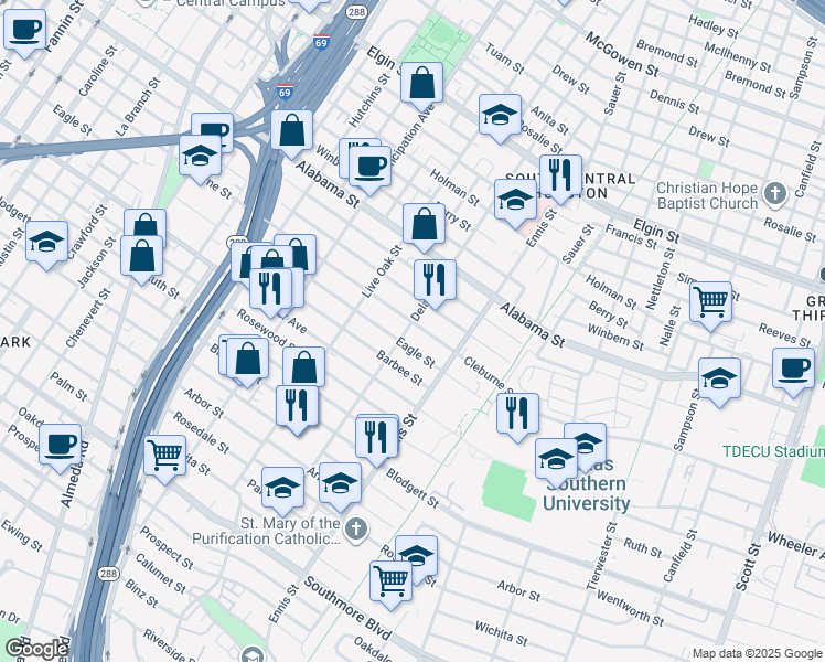 map of restaurants, bars, coffee shops, grocery stores, and more near 2804 Cleburne Street in Houston