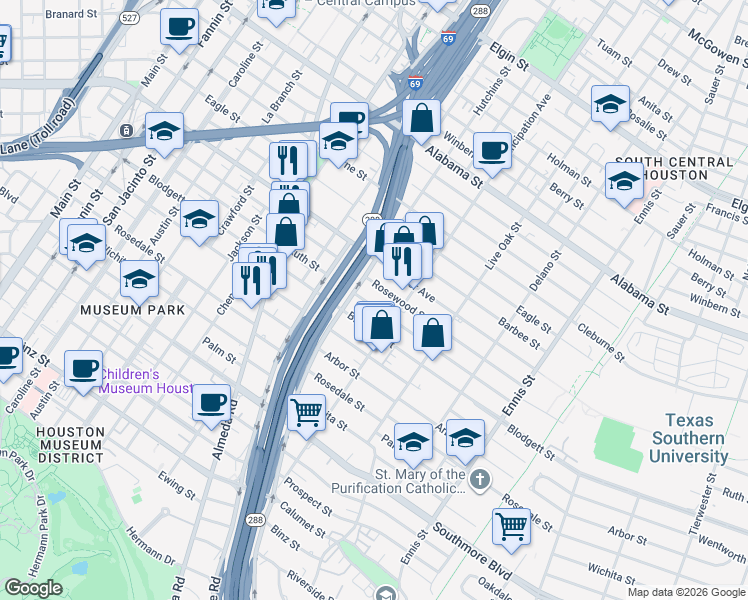 map of restaurants, bars, coffee shops, grocery stores, and more near 2219 Ruth Street in Houston