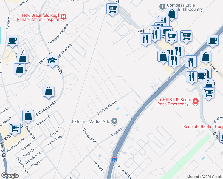 map of restaurants, bars, coffee shops, grocery stores, and more near 455 Agave Flats Drive in New Braunfels
