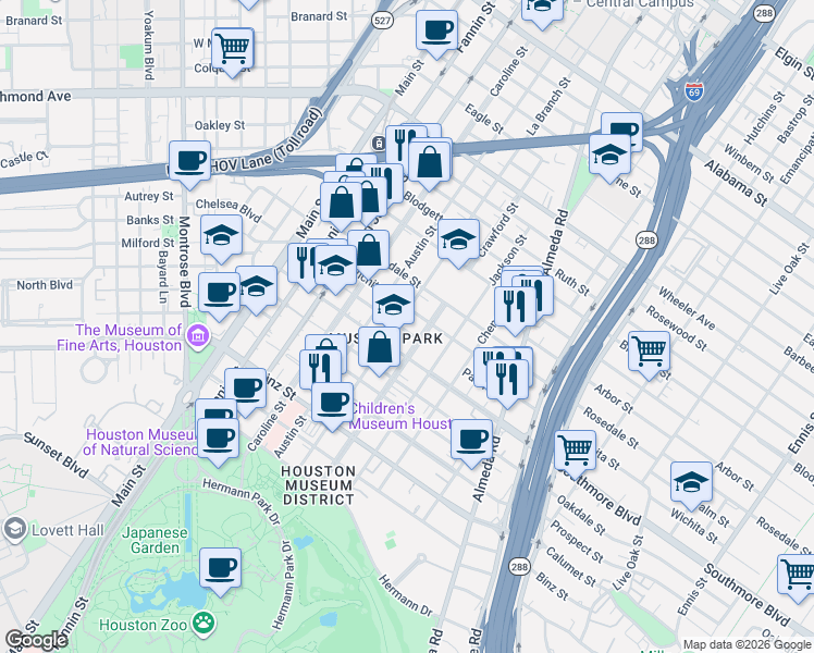 map of restaurants, bars, coffee shops, grocery stores, and more near 4919 La Branch Street in Houston