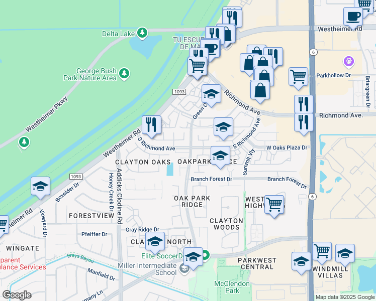 map of restaurants, bars, coffee shops, grocery stores, and more near 15000 South Richmond Avenue in Houston