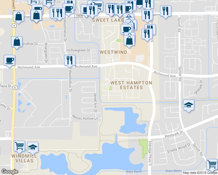 map of restaurants, bars, coffee shops, grocery stores, and more near 3233 Windchase Boulevard in Houston
