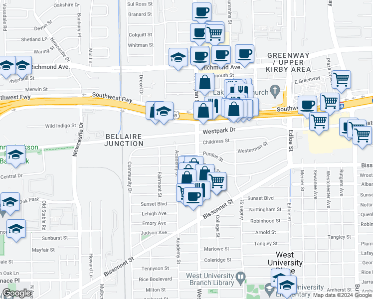 map of restaurants, bars, coffee shops, grocery stores, and more near 4000 Purdue Street in Houston