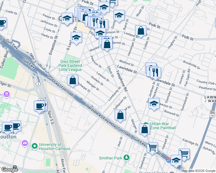 map of restaurants, bars, coffee shops, grocery stores, and more near 1521 Godwin Street in Houston