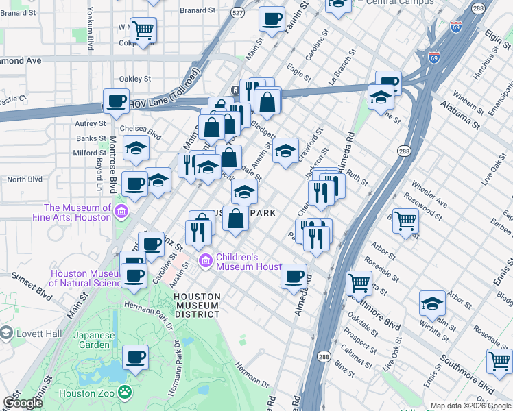 map of restaurants, bars, coffee shops, grocery stores, and more near 4919 La Branch Street in Houston