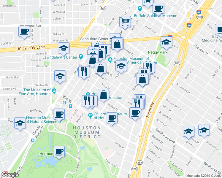 map of restaurants, bars, coffee shops, grocery stores, and more near 4919 La Branch Street in Houston