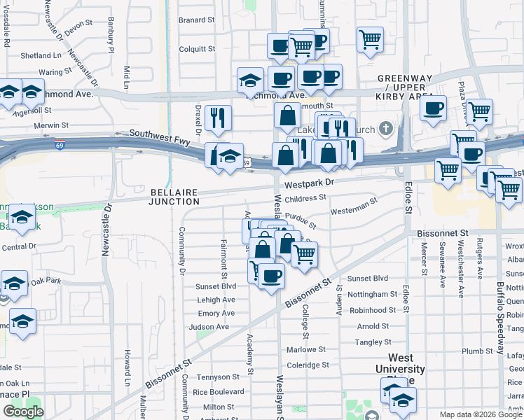 map of restaurants, bars, coffee shops, grocery stores, and more near 4008A Childress Street in Houston