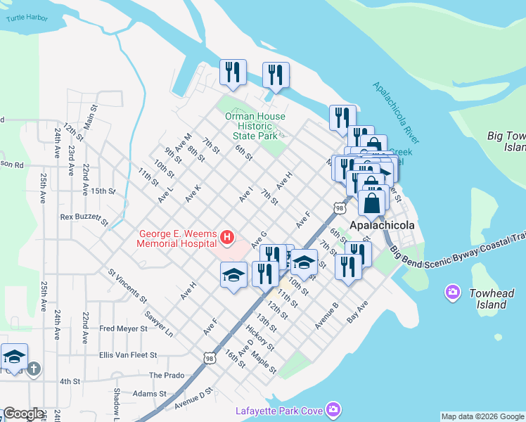 map of restaurants, bars, coffee shops, grocery stores, and more near 128 Doctor Frederick S Humphries Street in Apalachicola