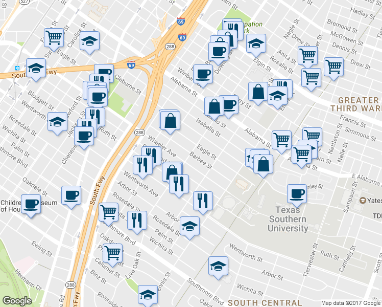 map of restaurants, bars, coffee shops, grocery stores, and more near Live Oak St & Barbee St in Houston