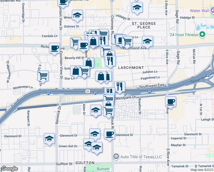 map of restaurants, bars, coffee shops, grocery stores, and more near 5625 Star Lane in Houston