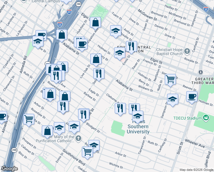 map of restaurants, bars, coffee shops, grocery stores, and more near 2910 Truxillo Street in Houston