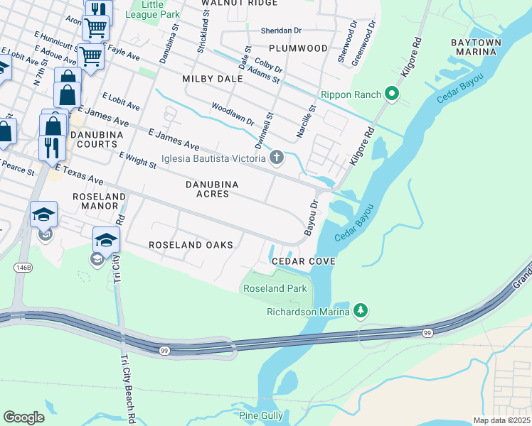map of restaurants, bars, coffee shops, grocery stores, and more near 2107 Wright Boulevard in Baytown
