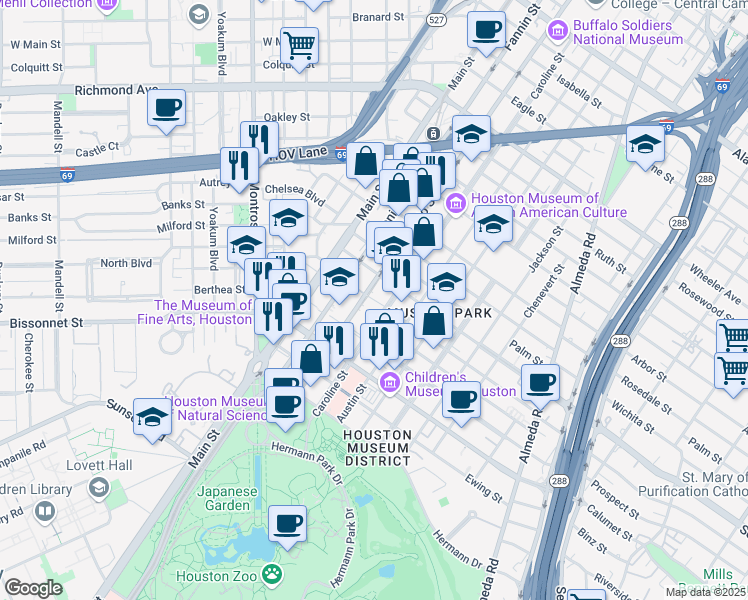 map of restaurants, bars, coffee shops, grocery stores, and more near 1225 Oakdale Street in Houston