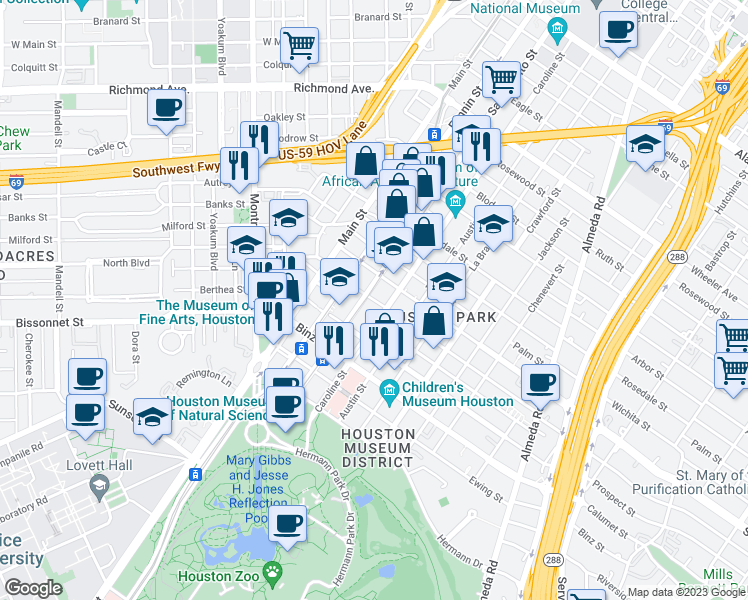 map of restaurants, bars, coffee shops, grocery stores, and more near 1225 Oakdale Street in Houston