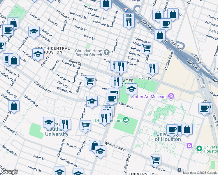 map of restaurants, bars, coffee shops, grocery stores, and more near 3450 Simmons Street in Houston