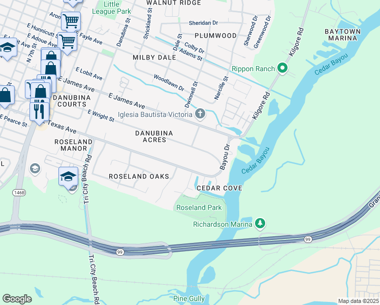 map of restaurants, bars, coffee shops, grocery stores, and more near 2107 Wright Boulevard in Baytown