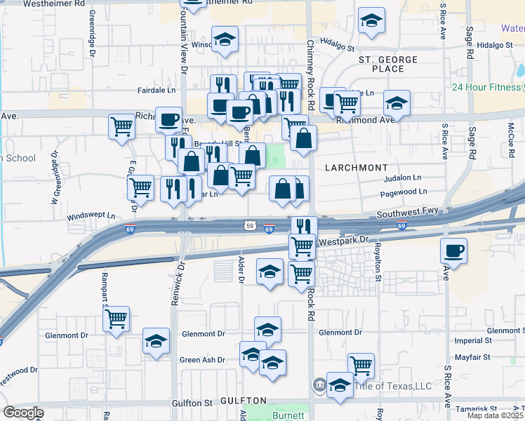 map of restaurants, bars, coffee shops, grocery stores, and more near 5715 Star Lane in Houston