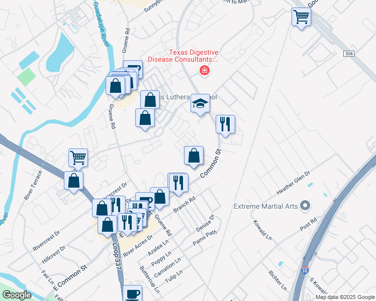 map of restaurants, bars, coffee shops, grocery stores, and more near 705 Village Way in New Braunfels