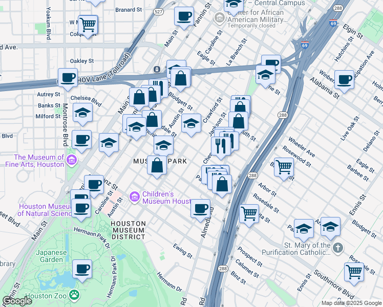 map of restaurants, bars, coffee shops, grocery stores, and more near 4908 Jackson Street in Houston